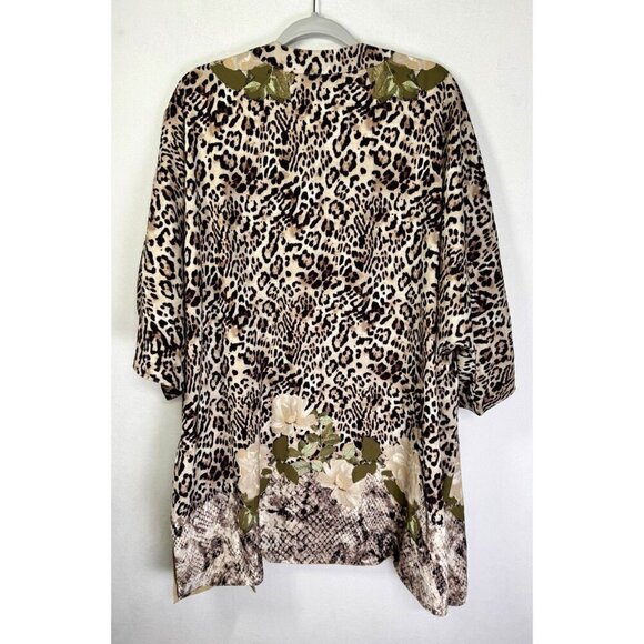 Chicos Ruana Wrap Kimono Size L/XL Brown Tan Floral Animal Print Poncho Silky - Picture 5 of 12